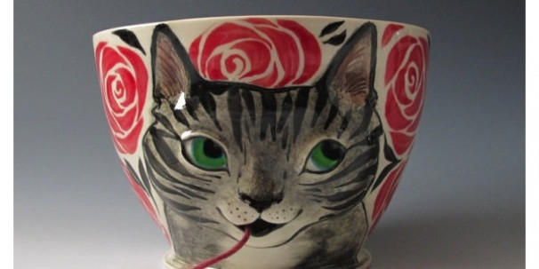 Ceramic Yarn Bowl - hand carved cat feature